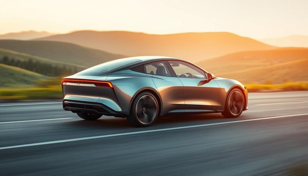 A sleek, modern electric car glides down a smooth, winding road, its streamlined body shimmering in the soft, warm light of the setting sun. The vehicle's bold, aerodynamic design features a prominent grille-less front, angular headlights, and distinctive tail lights that emit a subtle, ambient glow. The car's interior is visible through large, tinted windows, revealing a spacious, high-tech cabin with plush, ergonomic seats and a centralized digital dashboard. In the background, lush, rolling hills and a clear, azure sky create a serene, idyllic landscape, emphasizing the car's eco-friendly, sustainable nature. The overall scene conveys a sense of effortless power, efficiency, and environmental harmony.