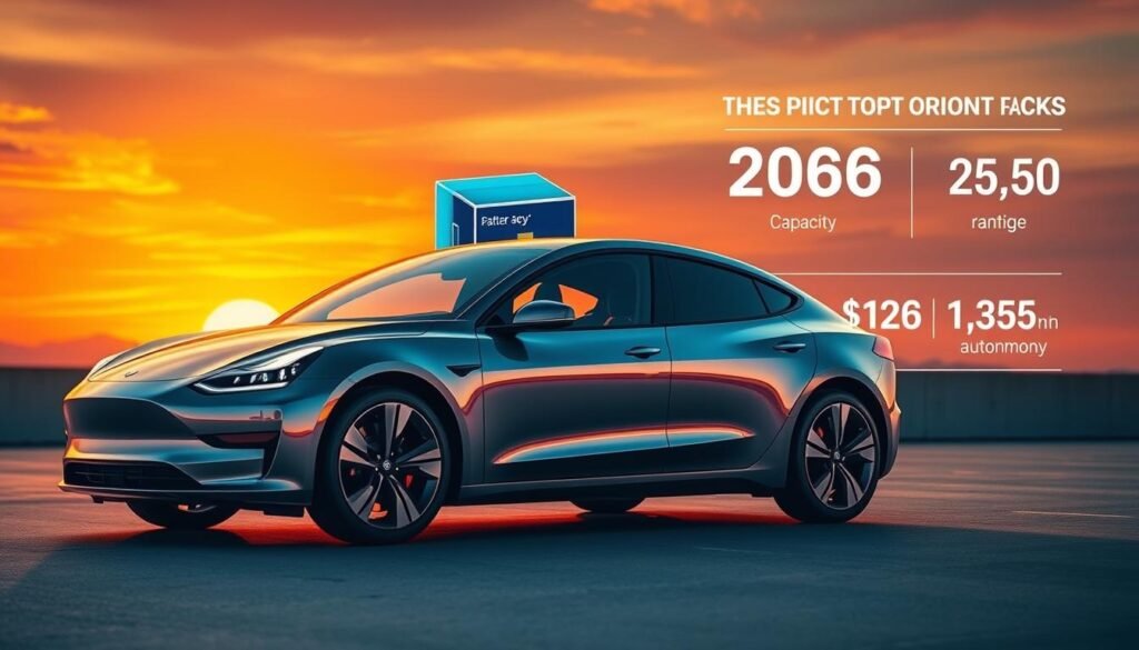 A sleek, modern electric car prominently displayed in the foreground, its gleaming body reflecting the vibrant sunset sky. In the middle ground, a detailed illustration of the car's battery pack, showcasing its capacity and range. In the background, a minimalist infographic highlighting the car's price and autonomy specifications, conveying the essential trade-offs in a clean, data-driven manner. The lighting is warm and cinematic, casting dramatic shadows and highlights to emphasize the car's elegant design. The overall mood is one of informed decision-making, where the viewer can easily visualize the key factors to consider when purchasing an affordable electric vehicle.