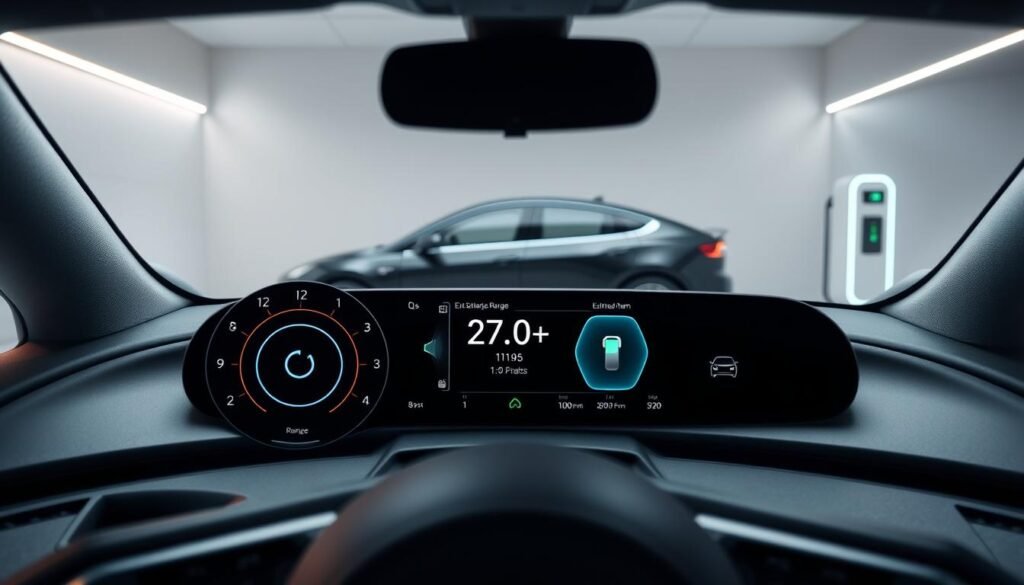 A sleek, modern interior setting with a large center console display showcasing the range comparison of an electric vehicle. In the foreground, the vehicle's dashboard and instrument cluster are visible, featuring digital readouts and UI elements that clearly depict the battery level, estimated range, and charging status. The middle ground shows the vehicle from a profile view, with the exterior details emphasizing aerodynamic design cues. The background includes a minimalist, tech-inspired environment with clean lines and a neutral color palette to put the focus on the car's features. Soft, even lighting illuminates the scene, creating a sense of sophistication and technological advancement.