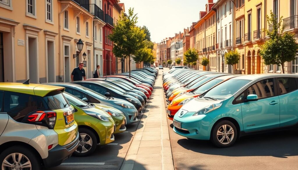 A sunny, mid-afternoon street scene featuring a row of compact, affordable electric vehicles neatly parked along the curb. The cars are arranged in a visually appealing, symmetrical layout, showcasing a diverse selection of modern, eco-friendly models in a range of vibrant colors - from sleek hatchbacks to compact sedans. The scene is bathed in warm, diffused natural lighting, highlighting the clean, aerodynamic designs and gleaming, well-maintained exteriors of the vehicles. In the background, the street is flanked by quaint, historic buildings, conveying a sense of urban charm. The overall mood is one of practicality, accessibility, and environmental consciousness.