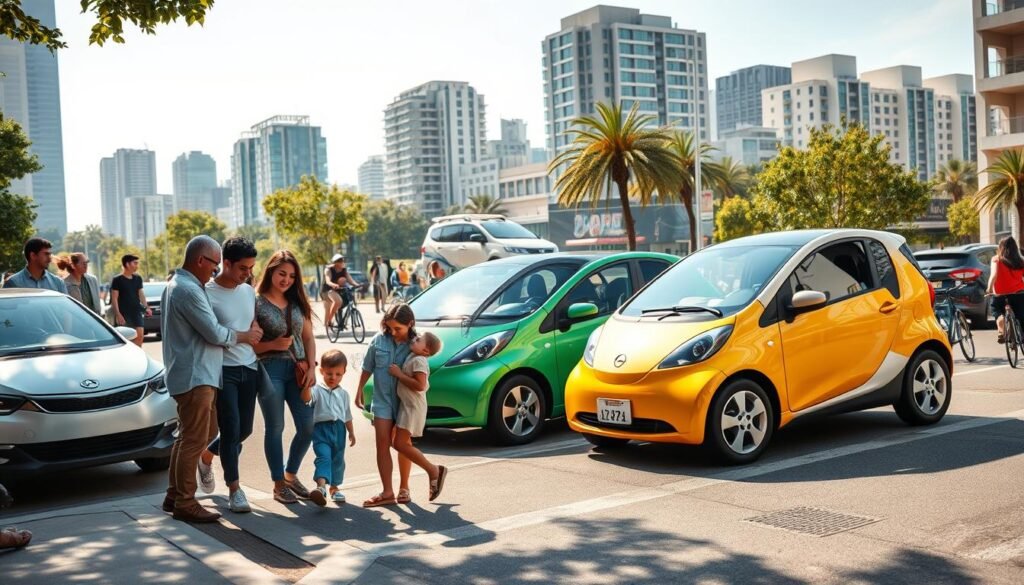 A sunny urban street, with a variety of compact electric vehicles parked along the curb. In the foreground, a young family - a couple and their two children - are examining a sleek, affordable-looking electric car, its streamlined silhouette and vibrant color catching their eye. The middle ground features a diverse mix of commuters, from students to working professionals, walking or cycling past, all seemingly drawn to the eco-friendly options on display. In the background, a bustling cityscape with modern high-rises and lush greenery, conveying a sense of a sustainable, forward-thinking community. The scene is bathed in warm, golden light, creating a welcoming and accessible atmosphere for those considering an affordable electric vehicle.