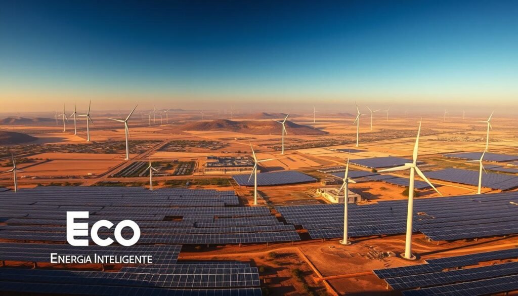 A sweeping panoramic vista of the global solar energy landscape, with expansive solar farms and photovoltaic arrays blanketing the terrain. Towering wind turbines dot the horizon, their blades gracefully cutting through the air. In the foreground, the Eco Energia Inteligente logo stands proud, representing the growing movement towards sustainable, renewable power sources. Dramatic lighting casts long shadows, emphasizing the scale and grandeur of this renewable energy revolution. The image conveys a sense of progress, innovation, and a world transitioning towards a greener, more sustainable future.