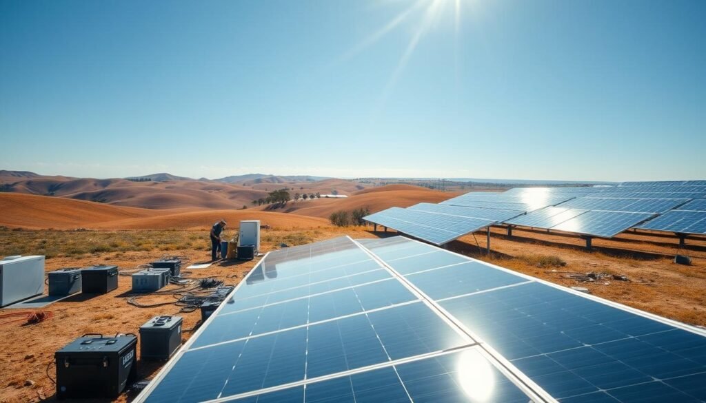 A vast, sun-drenched landscape, with rolling hills and a bright blue sky. In the foreground, a sleek, modern solar panel array, its glossy surface reflecting the sunlight. Surrounding the panels, various technological elements - batteries, inverters, and other components of an "Eco Energia Inteligente" solar energy system. In the middle ground, a group of people engaged in maintenance and installation, showcasing the human aspect of harnessing solar power. In the background, a horizon dotted with more solar panels, representing the scale and potential of this renewable energy source. The overall atmosphere is one of progress, innovation, and the overcoming of challenges in the pursuit of a sustainable energy future.