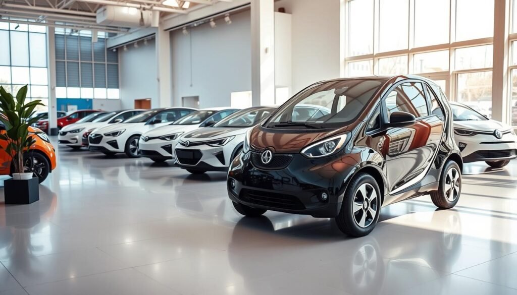 A vibrant, well-lit showroom showcases a lineup of affordable electric cars. In the foreground, a sleek, compact EV with a bold, futuristic design stands prominently, its glossy exterior reflecting the bright, natural lighting from large windows. In the middle ground, several other electric models in various colors and styles are neatly arranged, highlighting the diverse range of budget-friendly options available. The background features clean, modern architectural elements, creating a sophisticated, high-tech ambiance that complements the advanced, eco-friendly vehicles on display. The overall scene conveys a sense of accessibility and innovation, inviting the viewer to explore the growing market of affordable, sustainable transportation solutions.