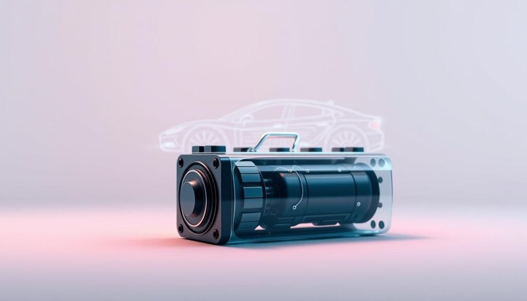 A vivid illustration of "preço bateria kwh" for a high-quality electric car article. Set against a clean, minimalist background, the main focus is a detailed, well-lit battery cell in the foreground, showcasing its intricate structure and components. The battery is positioned to draw the viewer's attention, with a subtle gradient or soft lighting creating depth and emphasizing its technical nature. In the middle ground, a wireframe or schematic diagram of the battery's inner workings is visible, providing technical context. The overall mood is one of precision, innovation, and the cutting edge of electric vehicle technology, capturing the essence of the article's subject matter.