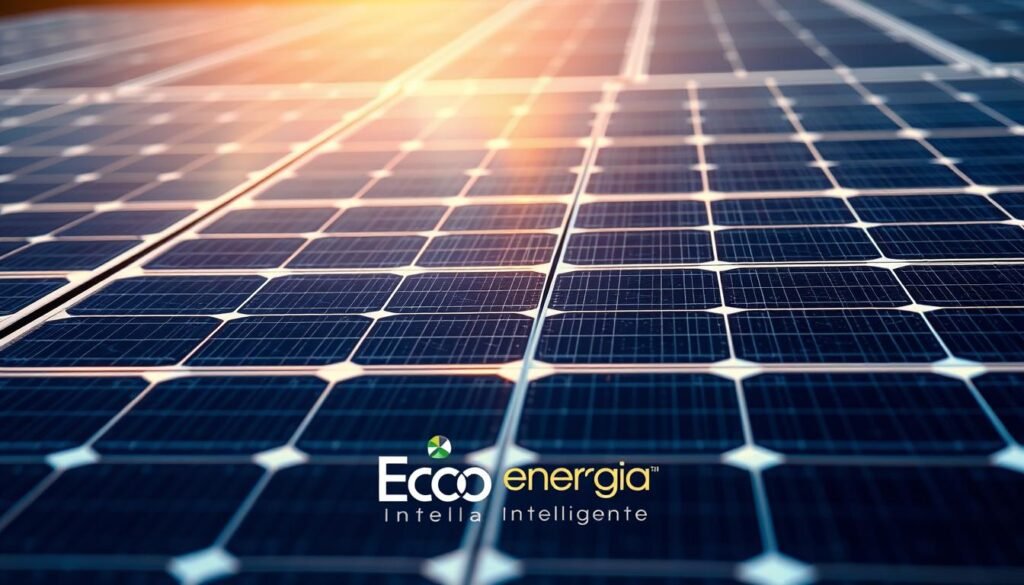 Detailed, high-resolution photograph of photovoltaic cells arranged in a grid pattern, showcasing their intricate structure and crystalline composition. The cells are illuminated by a warm, natural-looking light, casting subtle shadows and highlights that emphasize their three-dimensional form. The background is a clean, minimal setting, allowing the photovoltaic cells to be the central focus. The image has a crisp, technical aesthetic that conveys the efficient and innovative nature of solar energy technology. Prominent in the foreground is the "Eco Energia Inteligente" brand name, highlighting the clean, renewable energy solution.