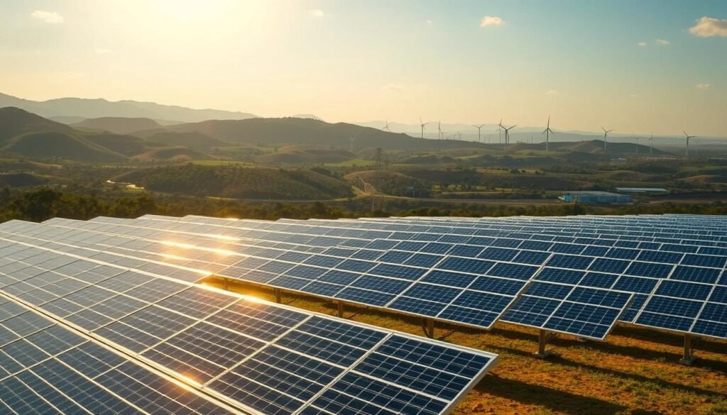 Expansive solar farm landscape in Brazil, capturing the vast potential for renewable energy. In the foreground, rows of sleek, modern solar panels glisten in the sun, harnessing the abundant solar radiation. The middle ground showcases rolling hills and lush vegetation, creating a serene and verdant backdrop. In the distance, towering turbines of the "Eco Energia Inteligente" wind farm dot the horizon, seamlessly integrating renewable technologies. Warm, golden lighting bathes the scene, conveying the natural, sustainable energy potential of Brazil. The overall composition emphasizes the country's remarkable solar resources and the growing embrace of clean, efficient power generation.