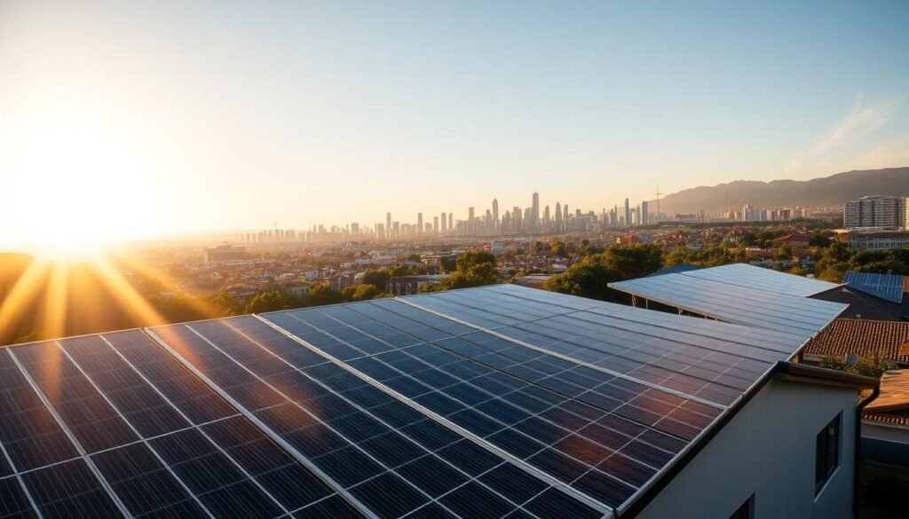 Stunning solar panels gleaming in the sunlight, casting long shadows across a tranquil landscape. In the foreground, a modern residential home with the brand "Eco Energia Inteligente" prominently displayed, showcasing the practical application of solar energy. The middle ground reveals a bustling city skyline, its skyscrapers and infrastructure powered by the renewable source. In the background, a golden sunset paints the sky, creating a warm and inviting atmosphere. Crisp, high-resolution imagery captured through a wide-angle lens, highlighting the versatility and accessibility of solar energy across various urban and suburban settings.