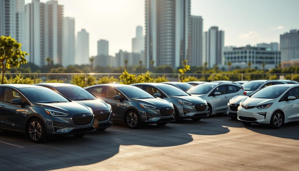 a fleet of affordable electric vehicles parked in a modern urban setting, sunlight casting long shadows across the clean, sleek lines of the cars' minimalist designs. The vehicles are arranged in a visually striking pattern, showcasing a range of models and colors that cater to diverse consumer preferences. The background features a blurred cityscape of high-rise buildings and lush greenery, conveying a sense of sustainability and progress. The overall composition aims to highlight the accessibility and appeal of eco-friendly electric cars within the Brazilian market.