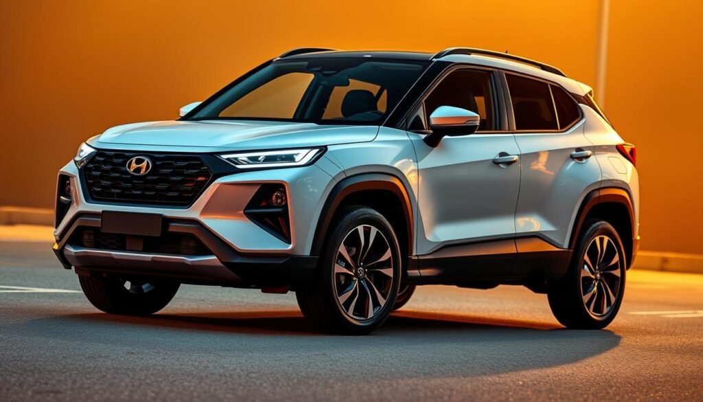 A compact SUV with a striking, dynamic design. A sleek, aerodynamic body with bold, sculpted lines and distinctive front grille. Prominent wheel arches and sharp, angular headlights give it a confident, assertive presence. The interior has a premium, modern feel with high-quality materials and intuitive controls. Illuminated by warm, diffused lighting and shot from a low, three-quarter angle to accentuate its muscular, road-hugging stance. The overall impression is of a versatile, stylish urban crossover that combines practicality with eye-catching aesthetics.
