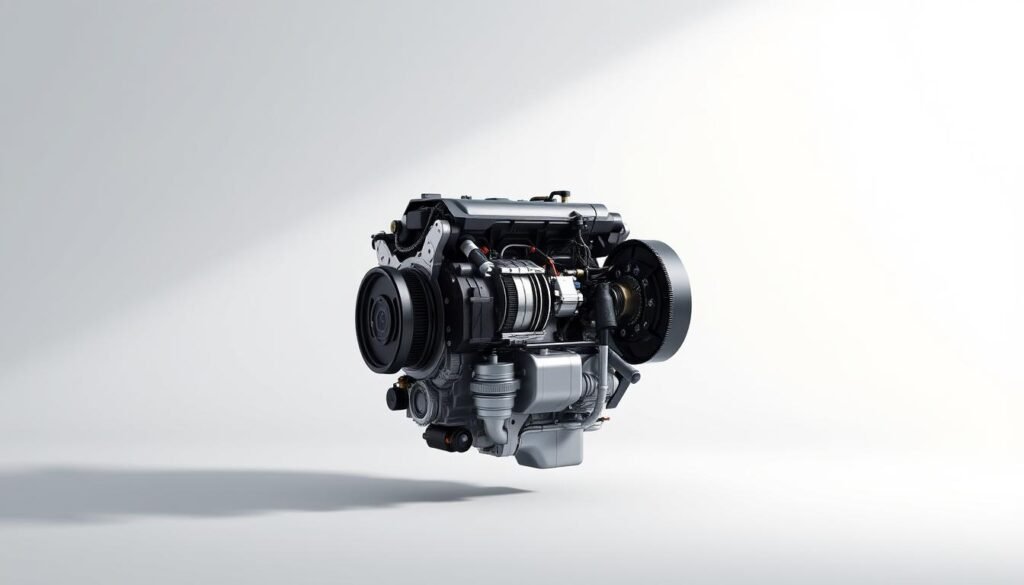 A detailed, highly realistic 3D render of a Hyundai Kona 1.6 motor assembly, set against a clean, well-lit studio backdrop. The motor is positioned in the center, showcasing its intricate internal components and mechanical details in sharp focus. The lighting creates dramatic shadows and highlights, emphasizing the engine's compact, efficient design. The overall scene conveys a sense of technical precision and engineering excellence, reflecting the section's focus on the Kona's advanced hybrid powertrain.