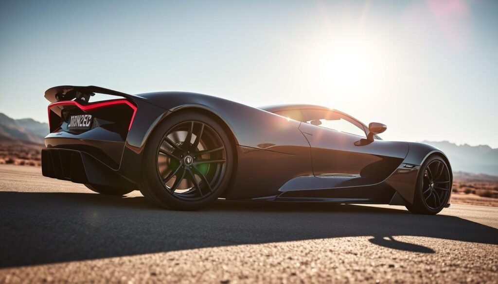 A gleaming Rimac Nevera hypercar, its sleek carbon-fiber body reflecting the sun's rays in a crisp outdoor setting. The electric supercar is captured from a low, dynamic angle, emphasizing its imposing presence and aggressive aerodynamic design. Dramatic lighting casts deep shadows, accentuating the Nevera's sharp lines and muscular contours. The background is a pristine landscape, with distant mountains and a clear blue sky, creating a sense of scale and grandeur. The Nevera's powerful electric motors are primed to unleash record-breaking acceleration and top speed, hinting at its unparalleled performance capabilities.