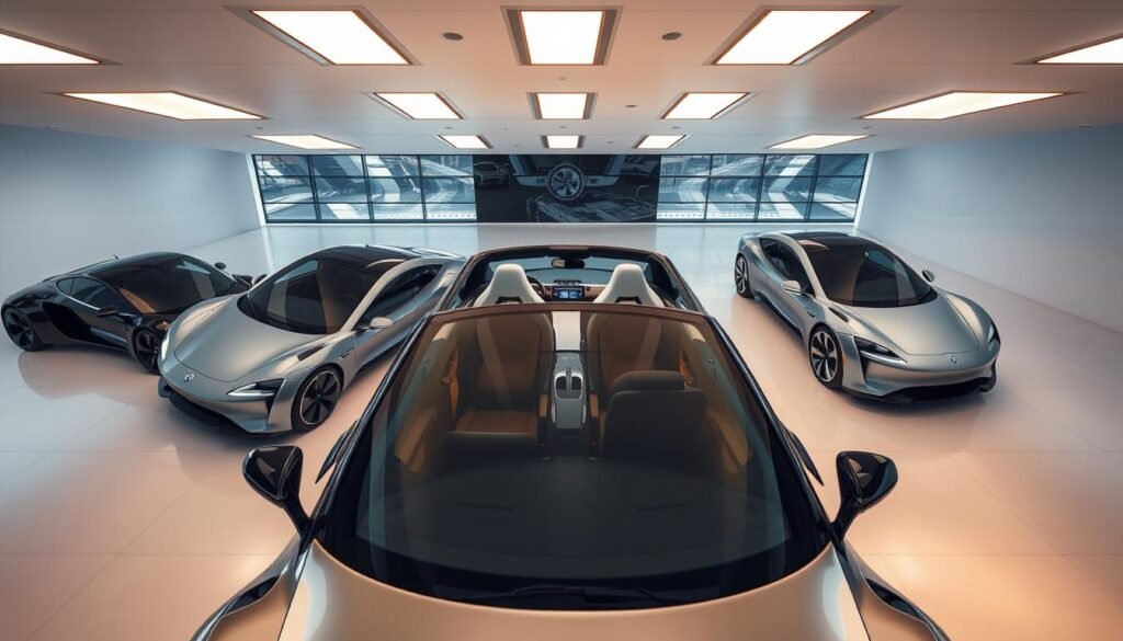 A high-angle shot of sleek, futuristic electric vehicles parked in a modern showroom, their interiors illuminated by elegant panels embedded in the ceilings. The lighting casts a warm, ambient glow, highlighting the vehicles' aerodynamic silhouettes and premium finishes. In the foreground, a central model features a panoramic glass roof, allowing natural light to flood the cabin. The background showcases a clean, minimalist design with polished floors and walls, creating a sense of sophistication and technological advancement.