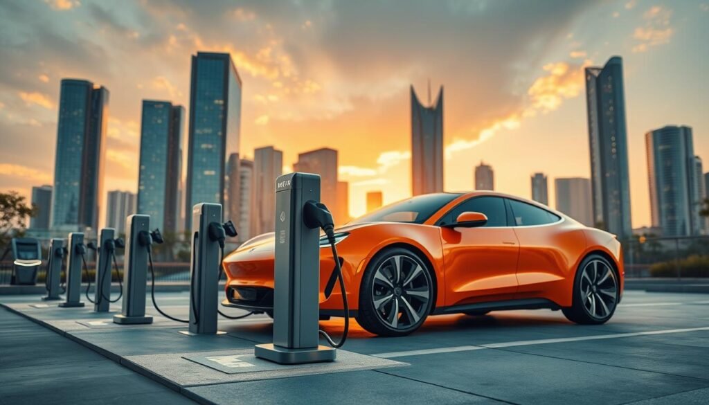 A high-angle, wide-angle shot of a futuristic electric vehicle charging station in a contemporary urban setting. The foreground features a sleek, aerodynamic electric car in a bold, vibrant color, its smooth exterior gleaming under the warm, diffused lighting. The middle ground showcases multiple charging ports, their sleek, minimalist designs complementing the car's aesthetic. In the background, a skyline of modern, eco-friendly high-rise buildings conveys a vision of a sustainable, technologically-advanced city of the near future. The scene radiates a sense of progress, innovation, and environmental responsibility, capturing the spirit of the 2024/2025 milestone for electric vehicles in Brazil.