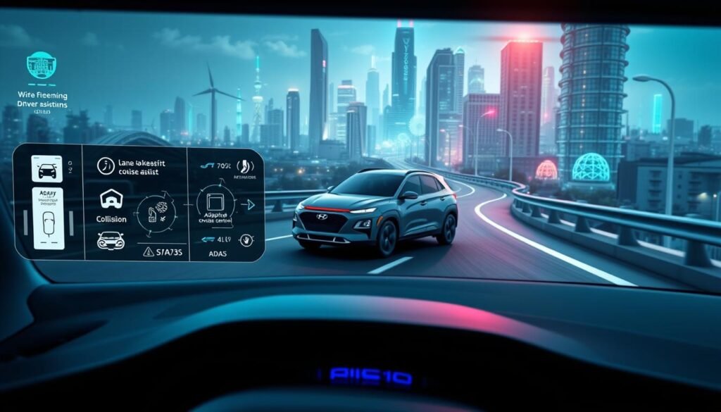 A high-tech digital dashboard showcasing a wide array of ADAS (Advanced Driver Assistance Systems) technologies. The foreground features sleek, futuristic icons and displays depicting lane-keeping assist, adaptive cruise control, collision avoidance, and other safety features. In the middle ground, a realistic 3D render of a sleek, modern electric vehicle, perhaps a Hyundai Kona, glides smoothly down a winding road. The background is a futuristic cityscape with towering skyscrapers, clean energy infrastructure, and a vibrant, neon-tinged atmosphere, conveying a sense of technological advancement and sustainability. The lighting is crisp, cool, and evocative of a near-future setting, creating an overall impression of cutting-edge automotive technology and enhanced driver safety.