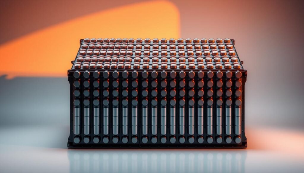 A large, high-capacity lithium-ion battery pack, neatly arranged with parallel rows of cylindrical cells, set against a sleek, minimalist background. The battery is illuminated from above, casting warm shadows that accentuate its compact, modular design. The overall composition conveys a sense of power, efficiency, and technological sophistication, perfectly suited to illustrate the electric powertrain of the Hyundai Kona.