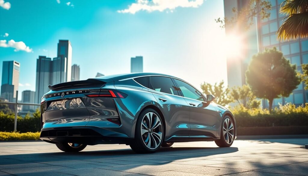 A luxurious electric vehicle, gleaming in the sunlight, its sleek and aerodynamic design exuding power and sophistication. The vehicle's interior is visible, showcasing premium materials and advanced technology. The background is a serene, urban landscape, with skyscrapers and well-manicured greenery, conveying a sense of modern, sustainable living. The lighting is soft and diffused, creating a warm and inviting atmosphere. The camera angle is slightly elevated, providing a dynamic and aspirational perspective. The overall mood is one of elegance, comfort, and effortless style, perfectly capturing the essence of the "ideal model" for the discerning luxury car buyer.