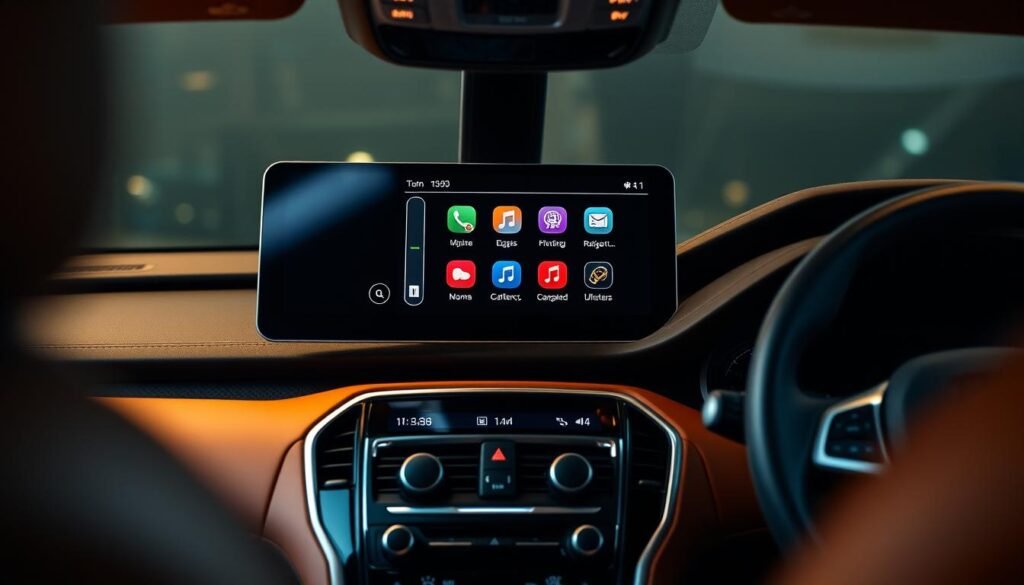 A neatly organized and modern central multimedia display in a luxurious interior. The large, high-resolution touchscreen dominates the center console, surrounded by sleek, minimalist controls. The display showcases crisp, vibrant graphics and intuitive menu interfaces. The interior is bathed in a warm, ambient lighting, creating a comfortable and high-tech atmosphere. The dashboard and steering wheel are crafted with premium materials, reflecting the vehicle's refined design. The camera angle captures the display at a slight downward tilt, emphasizing its prominence and ease of use for the driver.