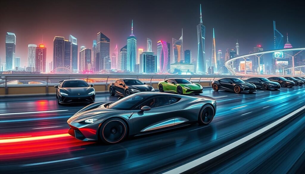 A panoramic view of the cutting-edge electric vehicle landscape, showcasing the world's fastest electric cars in a dynamic, futuristic setting. In the foreground, a sleek, aerodynamic electric supercar streaks across the frame, its powerful electric motors propelling it with lightning-like speed. In the middle ground, a collection of the latest high-performance electric models from leading manufacturers, each gleaming with advanced technologies and bold, angular designs. The background is a vibrant, neon-lit cityscape, with towering skyscrapers and futuristic infrastructure, hinting at the rapid advancements in electric mobility transforming the urban landscape. The image is bathed in a cool, electric color palette, conveying a sense of cutting-edge technology and the thrill of unbridled acceleration.
