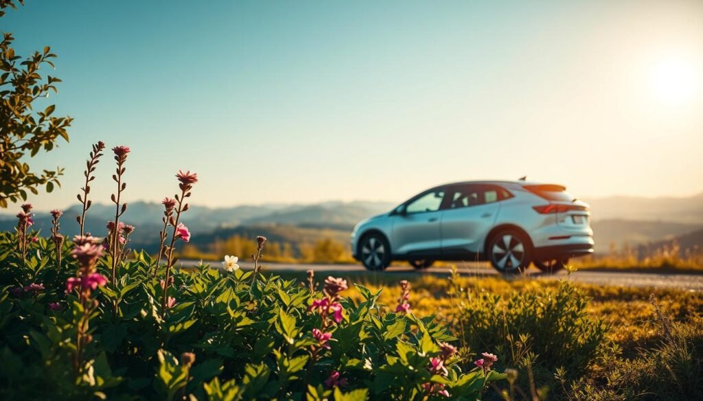 A serene outdoor scene showcasing the concept of sustainability. In the foreground, a lush, verdant garden flourishes, featuring a variety of vibrant, eco-friendly plants and flowers. In the middle ground, a modern, sleek electric vehicle is prominently displayed, its clean lines and zero-emission design embodying the essence of sustainable transportation. The background features a stunning vista of rolling hills and a clear, azure sky, bathed in warm, golden sunlight that casts a gentle, inviting glow over the entire scene. The overall mood is one of harmony, balance, and a deep appreciation for the natural world, conveying the benefits of choosing an environmentally-conscious luxury electric vehicle.
