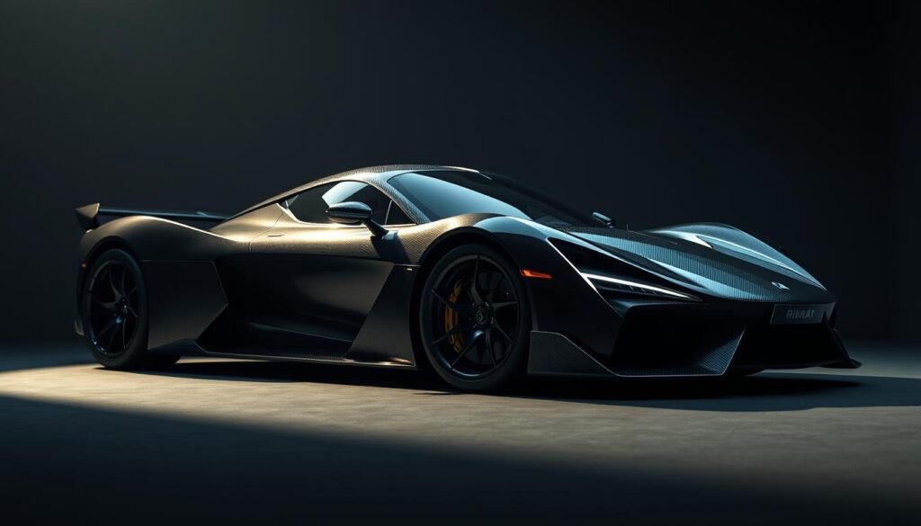 A sleek, aerodynamic electric hypercar sits majestically in a dimly lit studio. The Rimac Nevera R gleams under dramatic lighting, its sculpted carbon fiber body and sharp lines cutting through the shadows. The vehicle's low, wide stance exudes power and performance, while intricate details like the aggressive front splitter and flush-mounted wheels hint at its remarkable engineering. In the foreground, the Nevera's muscular, muscular profile is highlighted, showcasing its impressive proportions and hinting at the immense power lurking beneath the hood. The background fades into a muted, moody atmosphere, drawing the viewer's attention to the car's captivating design. This image captures the essence of the Rimac Nevera R - a cutting-edge, high-performance electric machine that pushes the boundaries of what's possible in the world of supercars.