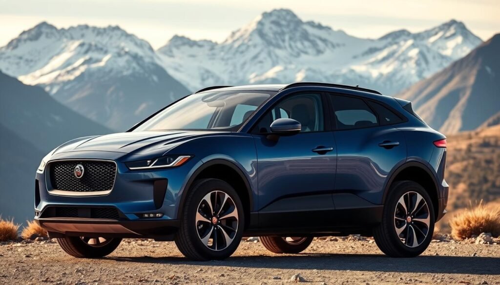 A sleek and sophisticated Jaguar I-Pace SUV, gleaming in a stunning metallic blue hue, stands in a picturesque mountain landscape. The vehicle's bold, angular design is accentuated by the natural light, casting dramatic shadows across its sculpted body. The muscular, all-wheel-drive stance conveys a sense of power and capability, ready to tackle any terrain. In the background, rugged snow-capped peaks rise majestically, creating a serene and awe-inspiring backdrop. The scene is bathed in a warm, golden glow, lending an air of luxury and refinement to the Jaguar's elegant presence. The overall impression is one of a luxurious, high-performance electric SUV that seamlessly blends style, technology, and off-road prowess.