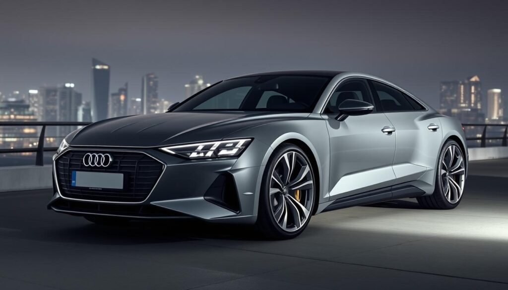 A sleek, futuristic Audi e-tron GT, captured in stunning detail. The car's aerodynamic body sculpted with precision, its sweeping lines and sharp creases conveying a sense of power and refinement. The front grille, adorned with the iconic Audi rings, subtly illuminated, drawing the eye to the vehicle's advanced electric powertrain. The side profile reveals muscular wheel arches and bold alloy wheels, hinting at the car's performance capabilities. In the background, a dimly lit cityscape serves as a dramatic backdrop, the car's clean, modern design contrasting with the urban landscape. Soft, directional lighting accentuates the e-tron GT's sleek silhouette, creating a sense of elegance and sophistication.