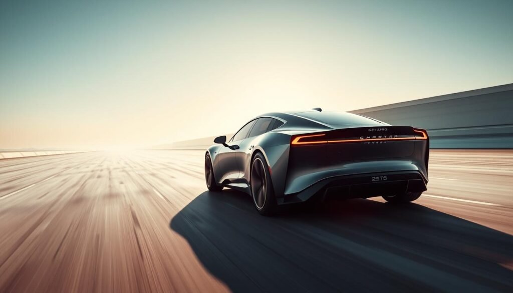 A sleek, futuristic electric car, its streamlined silhouette poised for record-breaking performance. Captured in crisp, cinematic clarity, the vehicle darts backwards at an astonishing 275.74 km/h, its tires gripping the smooth, reflective surface of a vast, urban landscape. Dramatic lighting casts dynamic shadows, highlighting the car's aerodynamic contours and the sheer power of its reverse thrust. The scene exudes a sense of technological marvel, an extraordinary feat of engineering and human ingenuity captured in a single, breathtaking moment.