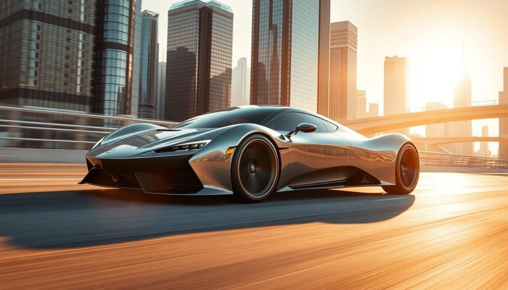 A sleek, futuristic electric supercar races across a sunlit, high-tech cityscape. The vehicle's aerodynamic body gleams in metallic hues, its advanced electric motors propelling it with lightning speed. The scene is bathed in warm, directional lighting that casts dramatic shadows, highlighting the car's dynamic curves and contours. In the background, towering skyscrapers and gleaming infrastructure convey a vision of an environmentally-conscious, technologically-advanced future. The composition emphasizes the car's power, efficiency, and cutting-edge design, reflecting the cutting-edge of electric vehicle technology.