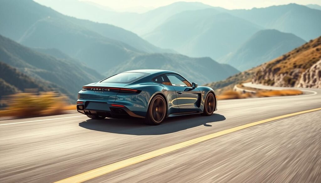 A sleek, high-performance Porsche Taycan electric sports car accelerates down a winding mountain road, its powerful electric motors propelling it forward with effortless speed and precision. The car's aerodynamic body is sculpted to slice through the air, its sharp lines and muscular stance conveying a sense of refined sportiness. The Taycan's striking Gentian Blue Metallic paint glistens in the warm afternoon sunlight, complemented by the gleam of its alloy wheels and the subtle carbon fiber accents. The scene captures the perfect blend of luxury, performance, and efficiency that defines the Porsche Taycan experience.