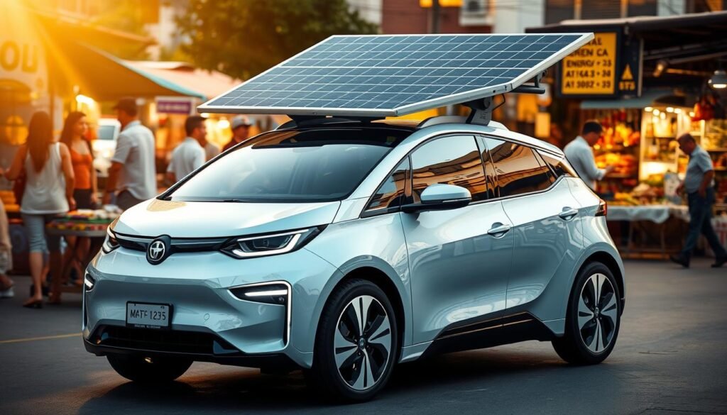 A sleek, modern electric car with a solar panel roof glides against a backdrop of a bustling marketplace. The car's dashboard displays pricing information and availability of various green energy options, reflecting the "Preços, disponibilidade e quanto custa manter" section of the article. The scene is illuminated by warm, natural lighting, creating a sense of eco-friendly sustainability. The car's clean, futuristic design stands in contrast to the vibrant stalls and vendors surrounding it, showcasing the integration of renewable energy in the everyday urban landscape.