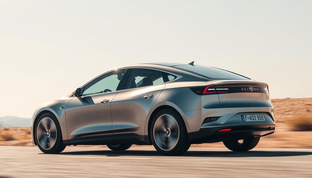 A sleek, modern electric car with solar panels integrated seamlessly into the roof, gliding through a serene, sun-drenched landscape. The car's body gleams with a metallic finish, its lines flowing gracefully. Sunlight dances across the photovoltaic cells, generating a steady stream of renewable energy to power the vehicle's electric drivetrain. In the background, a cloudless sky stretches out, emphasizing the car's self-sufficient, eco-friendly nature. The scene conveys a sense of effortless autonomy, the car's range and performance enhanced by the sun's abundant power, ready to take its driver wherever they need to go.