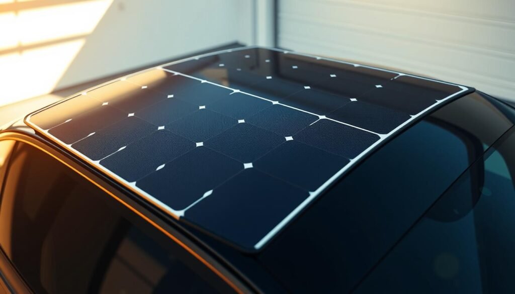A sleek, modern solar panel atop a electric vehicle, capturing the sun's energy to power the car's battery. The panel has a glossy, dark blue surface that gleams in the warm, golden afternoon light. The car is parked in a minimalist, well-designed garage setting, with clean lines and a serene, contemporary atmosphere. The panel is positioned at an optimal angle to maximize solar intake, casting subtle shadows that add depth and dimension to the scene. The overall impression is one of effortless integration of renewable energy technology into a stylish, efficient mode of transportation.