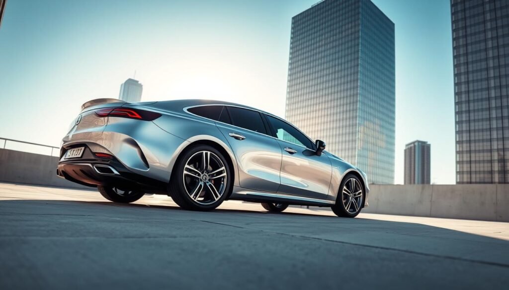 A sleek, silver Mercedes-Benz EQS electric luxury sedan, captured in a low, dynamic angle that highlights its aerodynamic silhouette. The car stands prominently in the foreground, its glossy finish reflecting the sunlight and casting elegant shadows. In the background, a minimalist, modern urban setting with tall glass buildings and a clear, blue sky provides a sophisticated, high-tech backdrop. The lighting is soft and natural, creating a sense of elegance and refinement. The camera's focal length emphasizes the EQS's impressive size and presence, while the angle conveys a sense of power and performance. This image perfectly conveys the Mercedes-Benz EQS's advanced technology, long-range capability, and luxurious design.