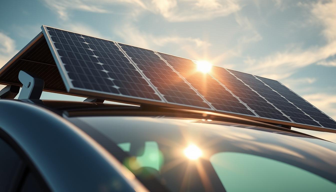 A solar panel array mounted atop an electric vehicle, bathed in warm sunlight. The glossy black panels contrast against the sleek, aerodynamic body of the car, seamlessly integrated into the design. Rays of light filter through the solar cells, casting a gentle glow across the vehicle's surface. In the background, a clear blue sky with wispy clouds, suggesting an idyllic, sustainable driving experience. The scene conveys a sense of renewable energy powering the future of transportation, with the solar panels on the roof and hood contributing to the car's range and efficiency.