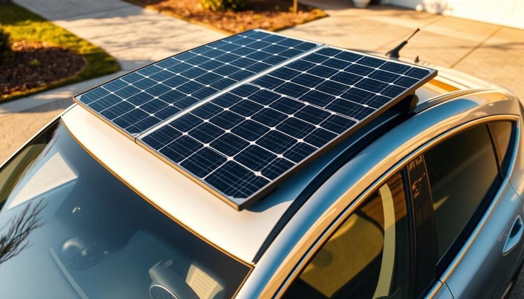 A solar panel installed on the roof of an electric car, capturing the sun's energy and powering the vehicle's electric drivetrain. The panel is sleek, modern, and seamlessly integrated into the car's design. The scene is bathed in warm, golden sunlight, casting soft shadows and highlighting the panel's efficient crystalline structure. The car is parked in a residential driveway, suggesting its everyday use and the potential for renewable energy to power personal transportation. The overall mood is one of clean, sustainable technology harmoniously blending with the natural environment.