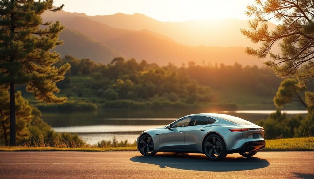 A solar-powered electric car in a serene, eco-friendly setting. In the foreground, the sleek, futuristic vehicle with solar panels adorning its roof, casting a warm, renewable glow. The middle ground features a lush, verdant landscape with swaying trees and a tranquil lake, reflecting the car's clean, sustainable energy. The background showcases a picturesque mountain range bathed in golden sunlight, symbolizing the power and potential of solar energy. The scene is illuminated by a soft, diffused lighting, creating a calming and aspirational atmosphere that perfectly encapsulates the essence of an eco-friendly, solar-powered electric car.