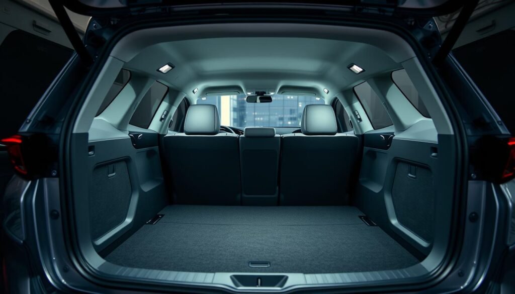 A well-lit, spacious interior of a Hyundai Kona electric vehicle, with the rear cargo area, or "porta-malas", prominently featured. The cargo area is shown in high detail, showcasing its generous dimensions, practical layout, and sleek design. The lighting is soft and even, accentuating the clean lines and premium materials used throughout. The camera angle is from the side, providing a clear view of the open cargo area and its accessibility. The overall mood is one of utility and sophistication, highlighting the Kona's versatility and suitability for everyday use.