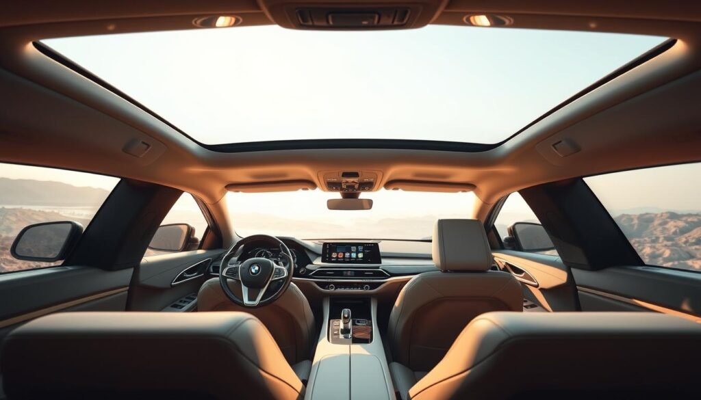 An elegant, luxurious interior of the BMW i7 electric sedan. A wide, panoramic windshield fills the foreground, offering a stunning, unobstructed view. The cabin is bathed in warm, soft lighting, creating a serene, inviting atmosphere. The dashboard features a large, seamlessly integrated curved display, its sleek design blending harmoniously with the premium leather and wood trim. Plush, contoured seats in the middle ground provide supreme comfort, while the rear cabin boasts a spacious, lounge-like ambiance. The overall impression is one of sophisticated technology, exceptional craftsmanship, and uncompromising luxury.