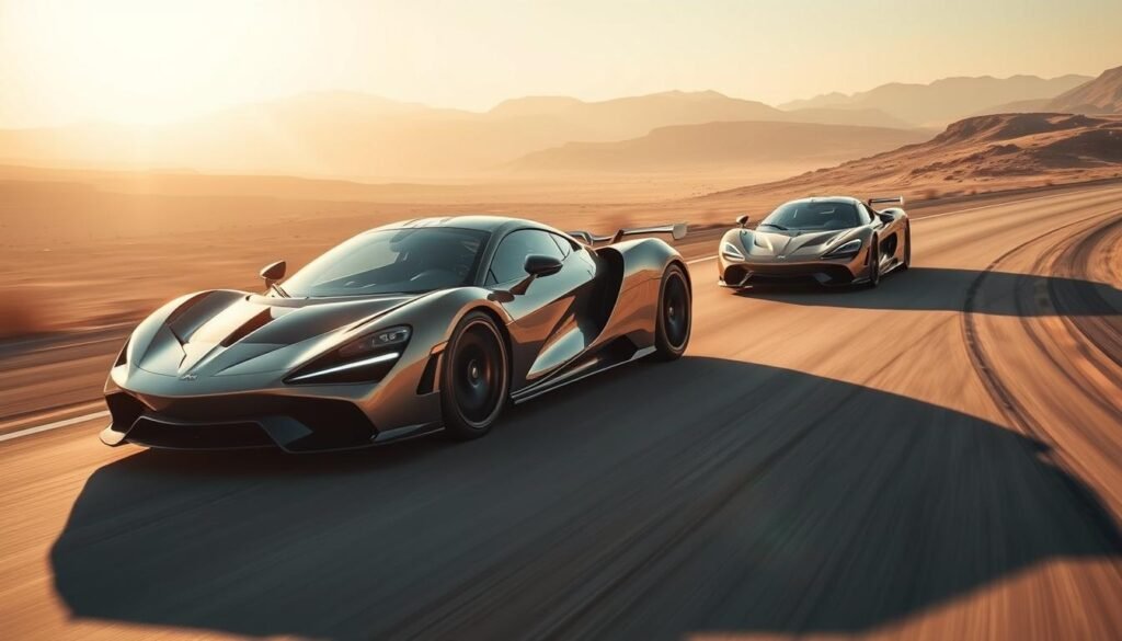 Luxurious hypercars racing at maximum speed, their sleek aerodynamic bodies gleaming under the golden hour light. A scene of absolute power and performance, with the cars surging forward on a winding desert road, tires gripping the asphalt as they push the boundaries of what's possible. Dramatic shadows and highlights accentuate the sharp angles and curves, creating a sense of motion and intensity. The background fades into a hazy horizon, allowing the hypercars to take center stage and command attention. An image that embodies the pinnacle of electric luxury, where technology and design converge to produce machines that shatter records and captivate the senses.