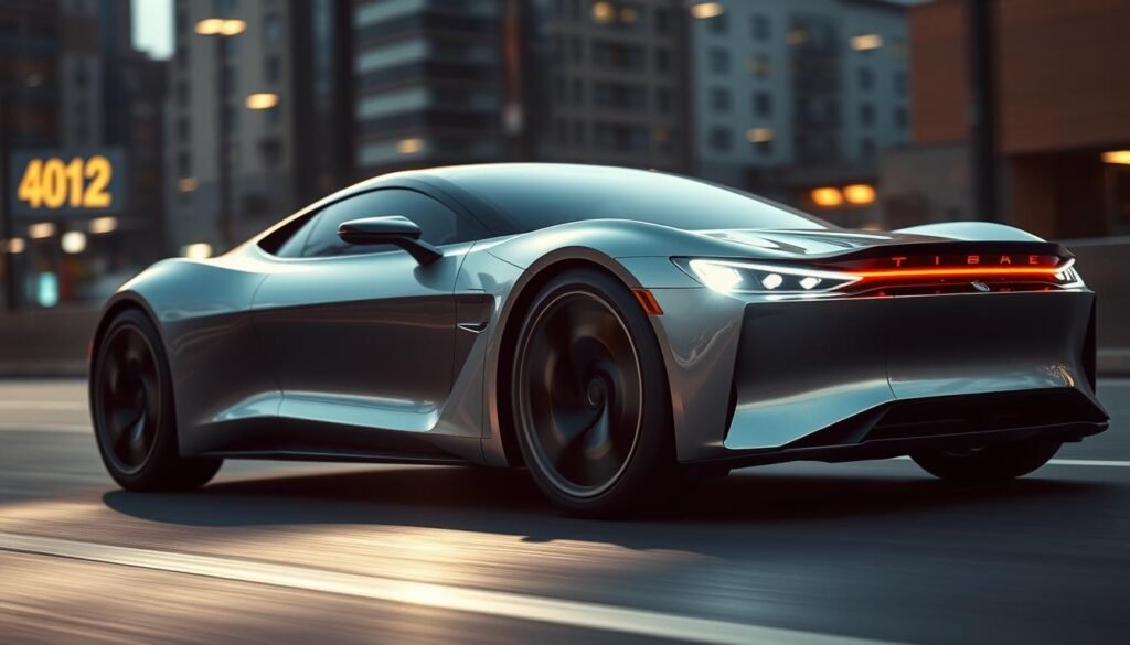 Sleek, aerodynamic electric sports car accelerates powerfully from a standstill, its electric motors whirring to life. Bright headlights pierce the darkness, highlighting the car's sharp, angular design. Low, aggressive stance with wide tires gripping the pavement, ready to launch forward. Smooth, metallic body panels reflect the environment, creating a sense of speed and motion. Dramatic lighting casts dramatic shadows, emphasizing the car's sculpted, muscular form. The background is a blurred urban cityscape, emphasizing the car's sheer power and performance capabilities.