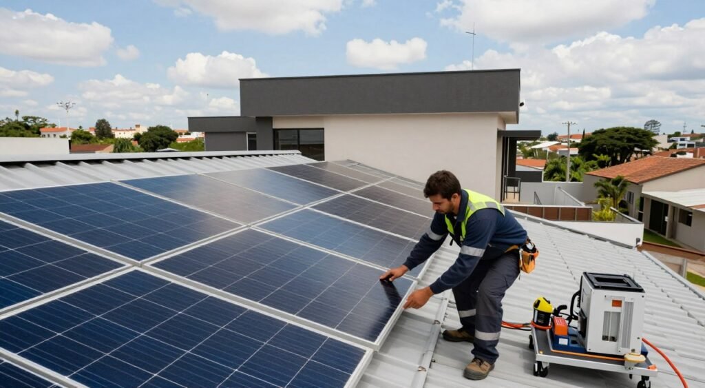 A detailed scene depicting the installation of solar energy panels on a residential rooftop in Uberaba, MG. In the foreground, a technician in professional attire, equipped with safety gear, carefully examines solar panels and installation equipment. The middle ground features a modern home with a sleek, eco-friendly design, showcasing multiple solar panels absorbing sunlight. The background reveals a clear blue sky with a few scattered clouds and a glimpse of urban and green surroundings, highlighting the city's atmosphere. Use soft, natural lighting to evoke a sense of positivity and sustainability, emphasizing the technological aspect of renewable energy. The angle should be slightly elevated to capture both the rooftop perspective and a view of the technician engaging with the equipment, conveying diligence and professionalism.