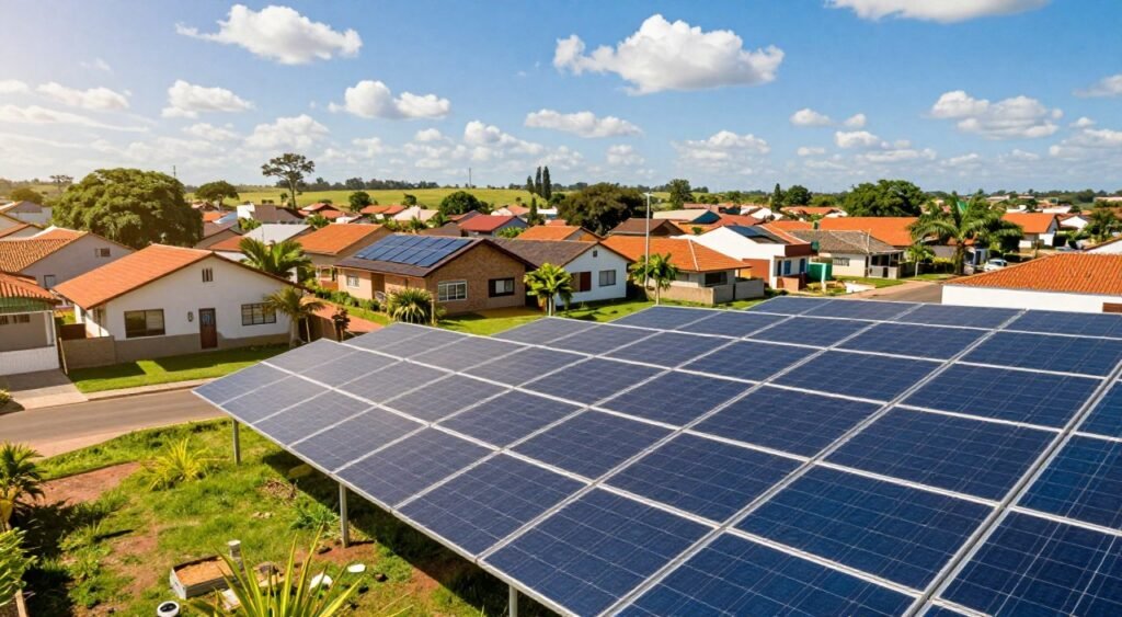 A vibrant and informative scene depicting the current state of solar energy in Uberaba, MG. In the foreground, showcase a row of modern solar panels gleaming under bright sunlight, capturing energy efficiently. In the middle ground, depict a well-maintained residential neighborhood with houses featuring solar installations on their rooftops, surrounded by green lawns and trees, emphasizing sustainability. In the background, illustrate a clear blue sky dotted with a few fluffy white clouds, enhancing the sense of a sunny day. Use warm lighting to evoke positivity and growth. The perspective should be slightly elevated, resembling a bird's-eye view to encompass the broad adoption of solar energy in the community, all while maintaining a peaceful and forward-thinking atmosphere.