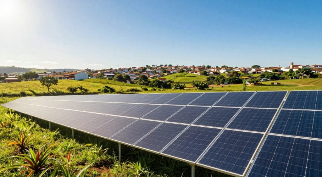 A vibrant solar energy landscape in Uberaba, Brazil, showcasing a sprawling photovoltaic solar panel array in the foreground, with panels shimmering under the bright sun. The middle ground features a lush, green field dotted with native Brazilian flora, emphasizing sustainability. In the background, a clear blue sky meets the horizon, complemented by the gentle outline of the town of Uberaba with its distinct architecture. Use natural lighting to create a warm, inviting atmosphere, with sunlight casting soft shadows on the panels. The scene conveys a sense of hope and innovation, focusing on the economic and sustainable advantages of solar energy in the region.