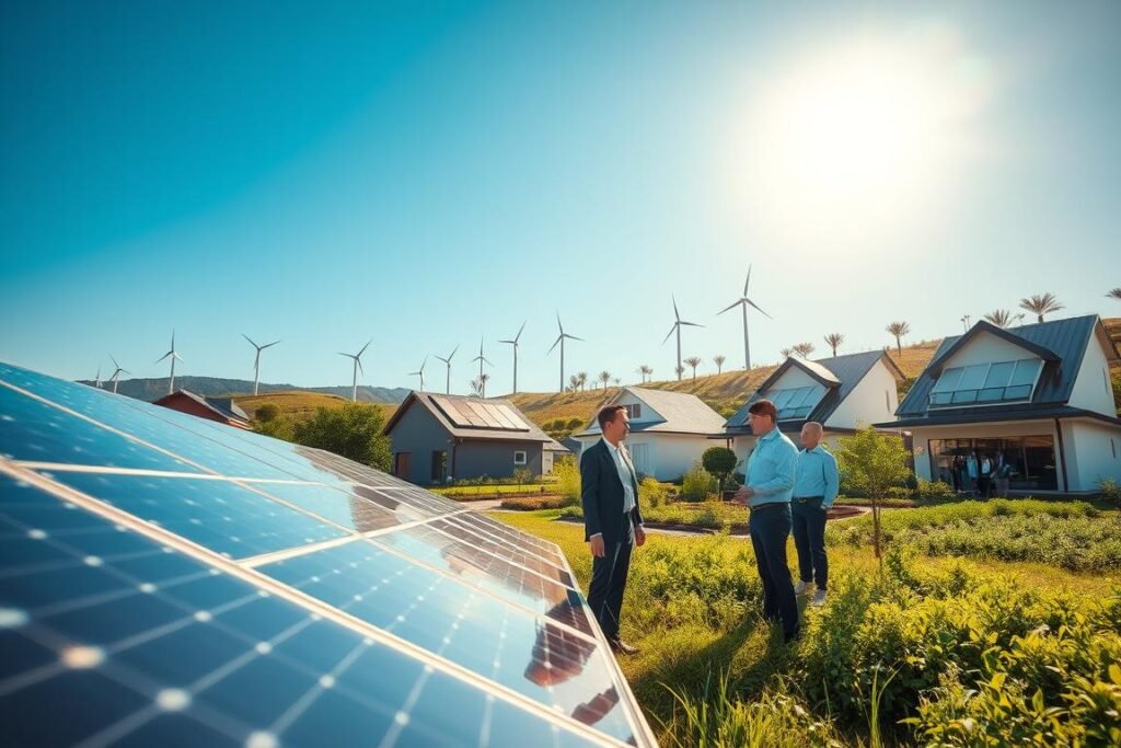 A bright and vibrant solar energy landscape showcasing diverse applications of solar power. In the foreground, a large solar panel array reflects sunlight, surrounded by lush greenery. A group of professionals in business attire examines the panels, discussing their benefits. In the middle ground, solar-powered homes with clean lines and large windows, featuring solar roofs, stand alongside a community garden that uses solar irrigation. The background reveals wind turbines gently turning on a hillside under a clear blue sky, symbolizing renewable energy synergy. Sunlight casts warm rays, creating an optimistic and innovative atmosphere, captured in a wide-angle perspective to emphasize the scale of solar technologies. A bright and vibrant solar energy landscape showcasing diverse applications of solar power. In the foreground, a large solar panel array reflects sunlight, surrounded by lush greenery. A group of professionals in business attire examines the panels, discussing their benefits. In the middle ground, solar-powered homes with clean lines and large windows, featuring solar roofs, stand alongside a community garden that uses solar irrigation. The background reveals wind turbines gently turning on a hillside under a clear blue sky, symbolizing renewable energy synergy. Sunlight casts warm rays, creating an optimistic and innovative atmosphere, captured in a wide-angle perspective to emphasize the scale of solar technologies.