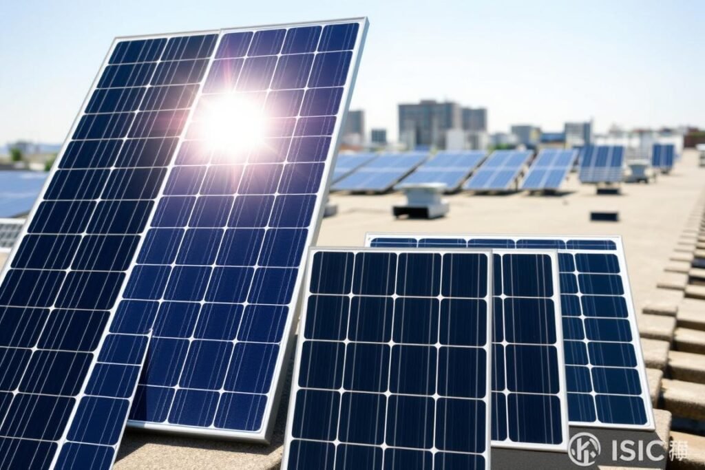 A detailed view of various types of solar panels and photovoltaic cells displayed in an organized manner. In the foreground, showcase a sleek monocrystalline solar panel, its black surface gleaming under bright sunlight, next to a polycrystalline panel with a blue, textured surface. In the middle ground, depict bifacial solar panels with sunlight illuminating both sides, highlighting their dual functionality. In the background, show an array of roof installations in a modern urban setting with clear skies. The lighting should be bright and sunny, casting soft shadows to emphasize the shapes of the panels. The overall mood should be optimistic and innovative, reflecting the potential of solar energy in a clean, sustainable future. A detailed view of various types of solar panels and photovoltaic cells displayed in an organized manner. In the foreground, showcase a sleek monocrystalline solar panel, its black surface gleaming under bright sunlight, next to a polycrystalline panel with a blue, textured surface. In the middle ground, depict bifacial solar panels with sunlight illuminating both sides, highlighting their dual functionality. In the background, show an array of roof installations in a modern urban setting with clear skies. The lighting should be bright and sunny, casting soft shadows to emphasize the shapes of the panels. The overall mood should be optimistic and innovative, reflecting the potential of solar energy in a clean, sustainable future.