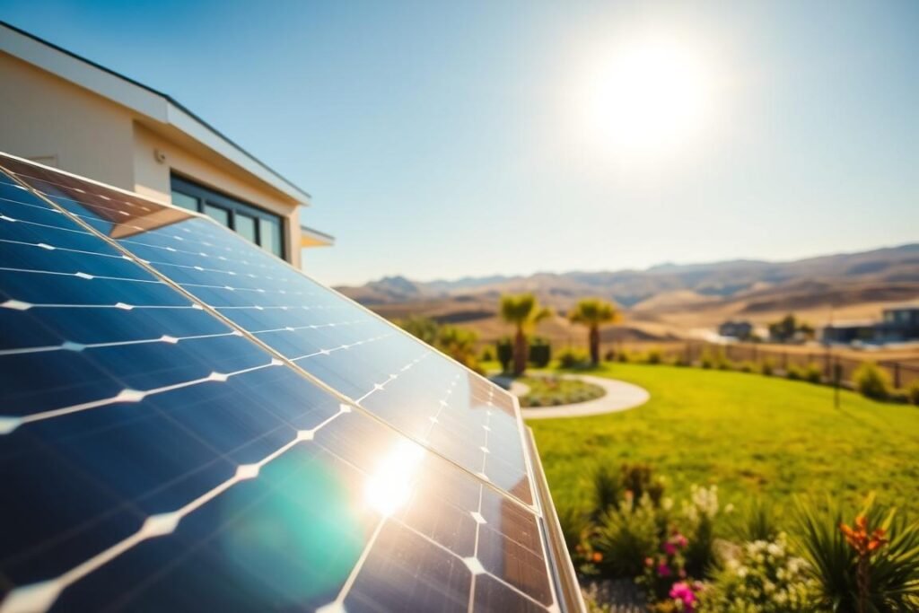 A modern residential home featuring solar panels installed on the roof; the foreground displays the panels gleaming under bright sunlight, reflecting a vibrant blue sky. In the middle ground, a neatly landscaped yard with greenery and colorful flowers complements the contemporary architecture of the house. The background showcases a distant view of rolling hills under a clear, sunny atmosphere. The scene is captured from a slightly elevated angle to emphasize the solar panels while including the inviting exterior of the home. The lighting is bright and warm, evoking a sense of sustainability and innovation. The mood is optimistic and eco-friendly, symbolizing the effective use of solar energy in residential spaces. A modern residential home featuring solar panels installed on the roof; the foreground displays the panels gleaming under bright sunlight, reflecting a vibrant blue sky. In the middle ground, a neatly landscaped yard with greenery and colorful flowers complements the contemporary architecture of the house. The background showcases a distant view of rolling hills under a clear, sunny atmosphere. The scene is captured from a slightly elevated angle to emphasize the solar panels while including the inviting exterior of the home. The lighting is bright and warm, evoking a sense of sustainability and innovation. The mood is optimistic and eco-friendly, symbolizing the effective use of solar energy in residential spaces.