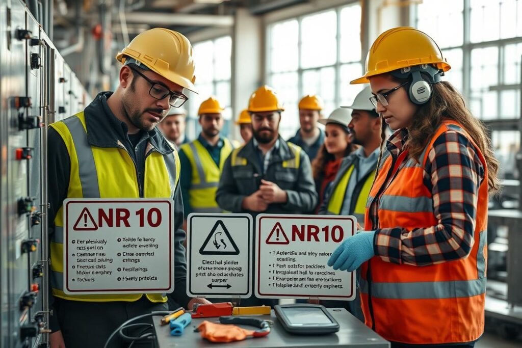 A professional setting showcasing a diverse group of workers, focused on electrical safety practices related to NR 10 compliance. In the foreground, a male and female technician, both dressed in professional safety gear, attentively examine electrical equipment with caution. The middle ground features safety signage clearly indicating NR 10 guidelines, alongside tools and safety gear like helmets and gloves. The background shows an industrial workspace with clearly defined zones for safety protocols. Bright, natural lighting streams through large windows, creating a well-lit, positive atmosphere. The image captures a sense of collaboration and diligence, emphasizing the importance of safety in the workplace. A professional setting showcasing a diverse group of workers, focused on electrical safety practices related to NR 10 compliance. In the foreground, a male and female technician, both dressed in professional safety gear, attentively examine electrical equipment with caution. The middle ground features safety signage clearly indicating NR 10 guidelines, alongside tools and safety gear like helmets and gloves. The background shows an industrial workspace with clearly defined zones for safety protocols. Bright, natural lighting streams through large windows, creating a well-lit, positive atmosphere. The image captures a sense of collaboration and diligence, emphasizing the importance of safety in the workplace.