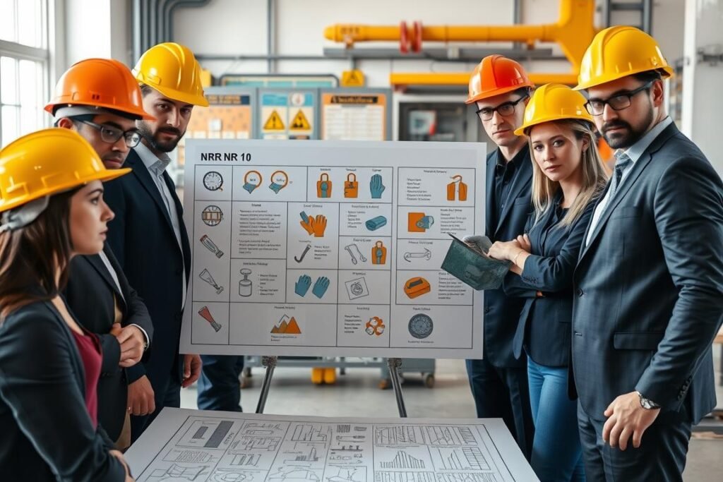 A professional setting showcasing the key characteristics of NR 10 in workplace safety. In the foreground, a diverse group of individuals in business attire, including safety helmets and protective gear, engage in a discussion around a detailed safety blueprint. In the middle, a large, clear presentation board displays essential requirements and safety protocols related to electrical safety, with icons representing safety equipment like gloves, goggles, and circuit breakers. The background features a well-lit and organized work environment, emphasizing safety signage and tools. The atmosphere is serious yet collaborative, focusing on the importance of workplace safety. Soft, natural lighting highlights the vigilant expressions of the professionals, suggesting dedication and responsibility in their roles. A professional setting showcasing the key characteristics of NR 10 in workplace safety. In the foreground, a diverse group of individuals in business attire, including safety helmets and protective gear, engage in a discussion around a detailed safety blueprint. In the middle, a large, clear presentation board displays essential requirements and safety protocols related to electrical safety, with icons representing safety equipment like gloves, goggles, and circuit breakers. The background features a well-lit and organized work environment, emphasizing safety signage and tools. The atmosphere is serious yet collaborative, focusing on the importance of workplace safety. Soft, natural lighting highlights the vigilant expressions of the professionals, suggesting dedication and responsibility in their roles.