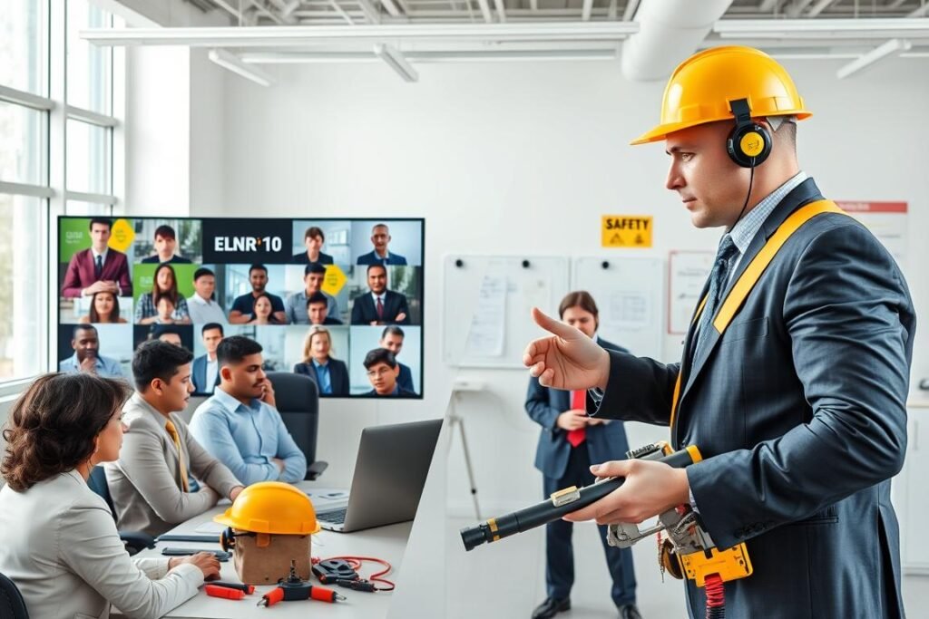 A professional training environment for "NR 10 Safety Training" featuring a split view: on one side, a virtual learning session with a diverse group of professionals engaged in an online course, attentively watching a presentation on electrical safety measures. On the other side, an in-person training setup with an instructor demonstrating safety equipment alongside eager trainees in business attire. The foreground emphasizes the instructor, vividly illustrating tools and gear, while the midground captures students reacting and taking notes. The background shows a bright, well-lit training room equipped with safety notices. Use a clean, modern aesthetic with natural light pouring in through large windows, evoking a sense of professionalism, focus, and dedication to workplace safety. A professional training environment for "NR 10 Safety Training" featuring a split view: on one side, a virtual learning session with a diverse group of professionals engaged in an online course, attentively watching a presentation on electrical safety measures. On the other side, an in-person training setup with an instructor demonstrating safety equipment alongside eager trainees in business attire. The foreground emphasizes the instructor, vividly illustrating tools and gear, while the midground captures students reacting and taking notes. The background shows a bright, well-lit training room equipped with safety notices. Use a clean, modern aesthetic with natural light pouring in through large windows, evoking a sense of professionalism, focus, and dedication to workplace safety.